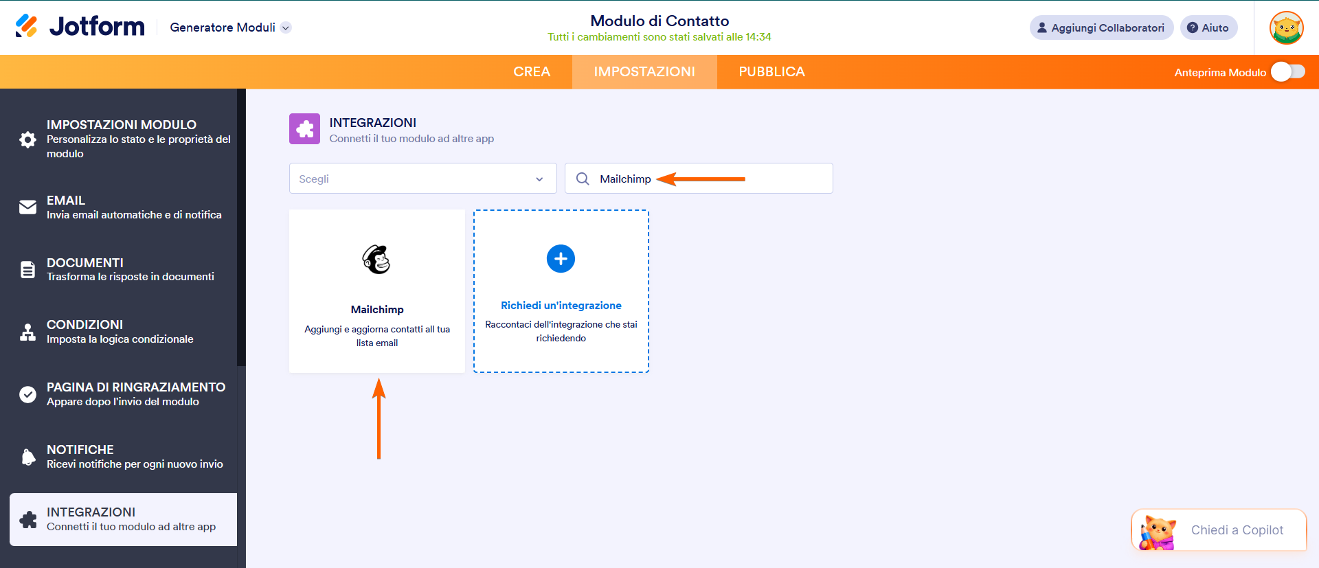 Integrazione Mailchimp nativa nel Generatore di Moduli di Jotform