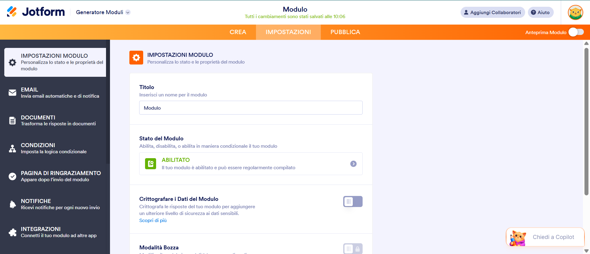 Screenshot della pagina delle impostazioni del Generatore di Moduli di Jotform