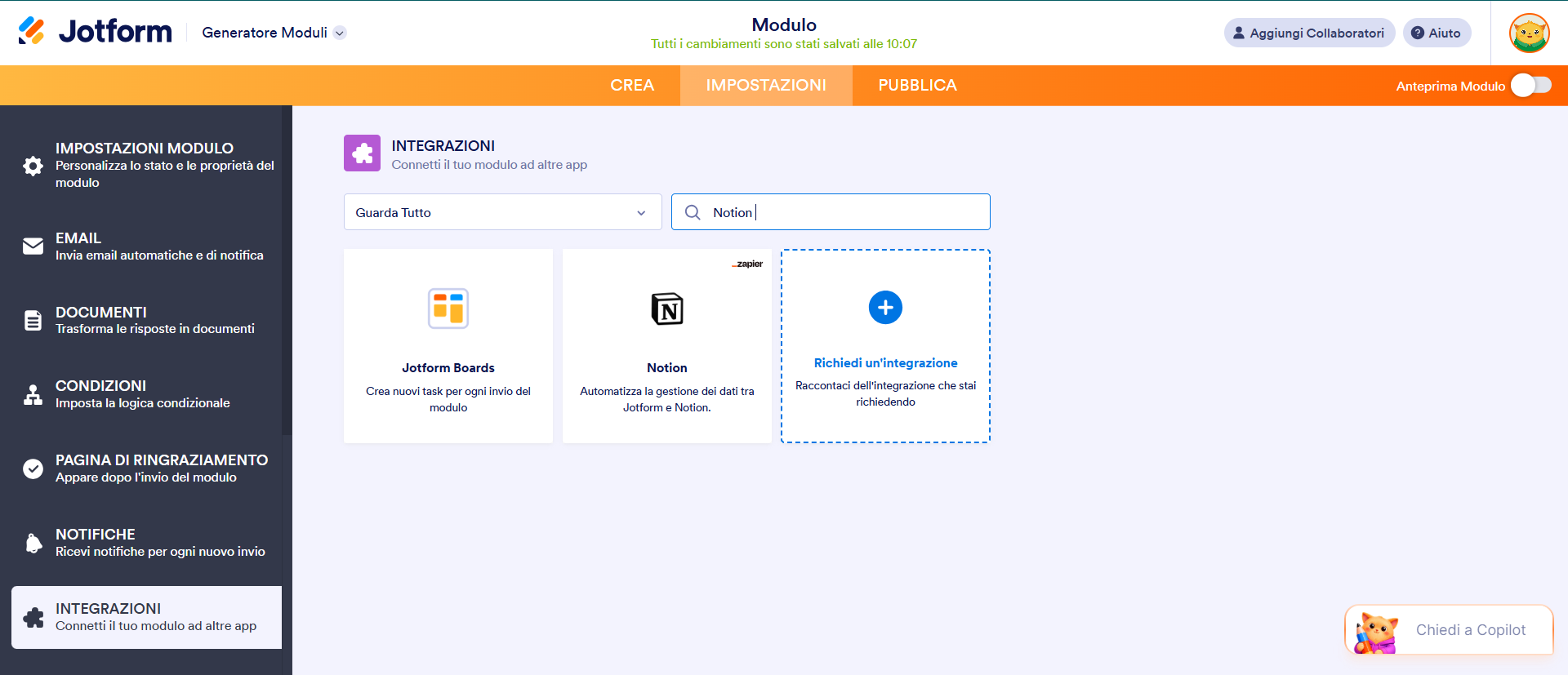 Screenshot della pagina delle impostazioni del Generatore di Moduli di Jotform che mostra l'integrazione di Notion