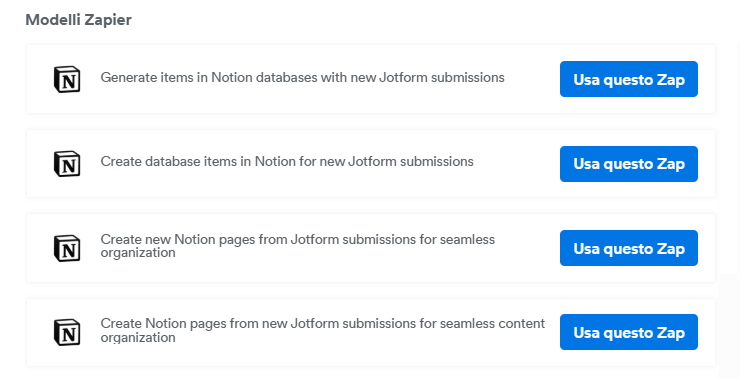 Screenshot di diversi modelli Zapier che possono essere utilizzati all'interno di Notion
