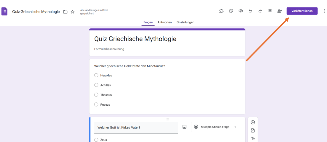 Screenshot einer Google Formulare-Oberfläche mit einem hervorgehobenen Button „Veröffentlichen“