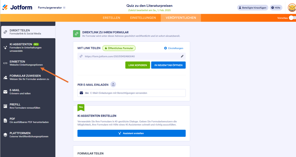 Das Bild zeigt einen Nutzer, der auf die Option „Einbetten“ auf der linken Seite der Benutzeroberfläche klickt