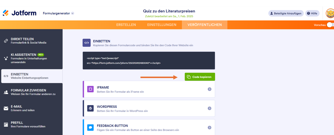 Screenshot, der die Auswahl eines grünen Buttons „Code kopieren“ in einer Benutzeroberfläche zeigt