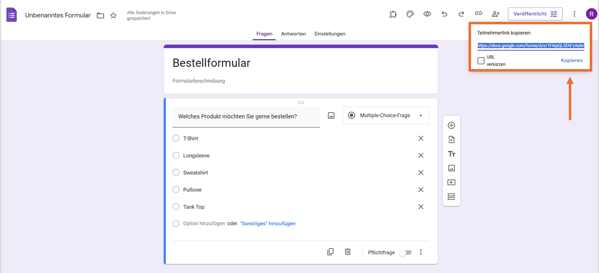 Klicken Sie auf den Button Veröffentlichen auf Google Formulare