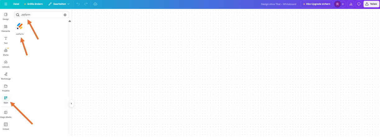 Screenshot eines leeren Canva-Projekts mit Pfeilen, die auf die Registerkarte Apps, die Suchleiste mit der Eingabe von Jotformund das Symbol der Jotform-App zeigen