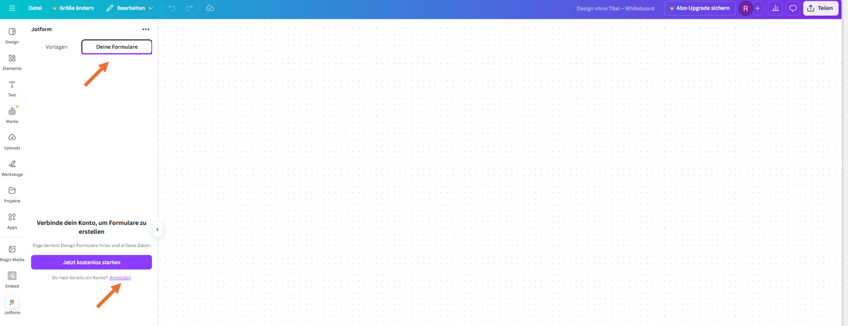 Screenshot einer Canva-Website mit der geöffneten Jotform-App auf der linken Seite, mit Pfeilen, die auf die Registerkarte "Deine Formulare" und dem Button "Anmelden" zeigen