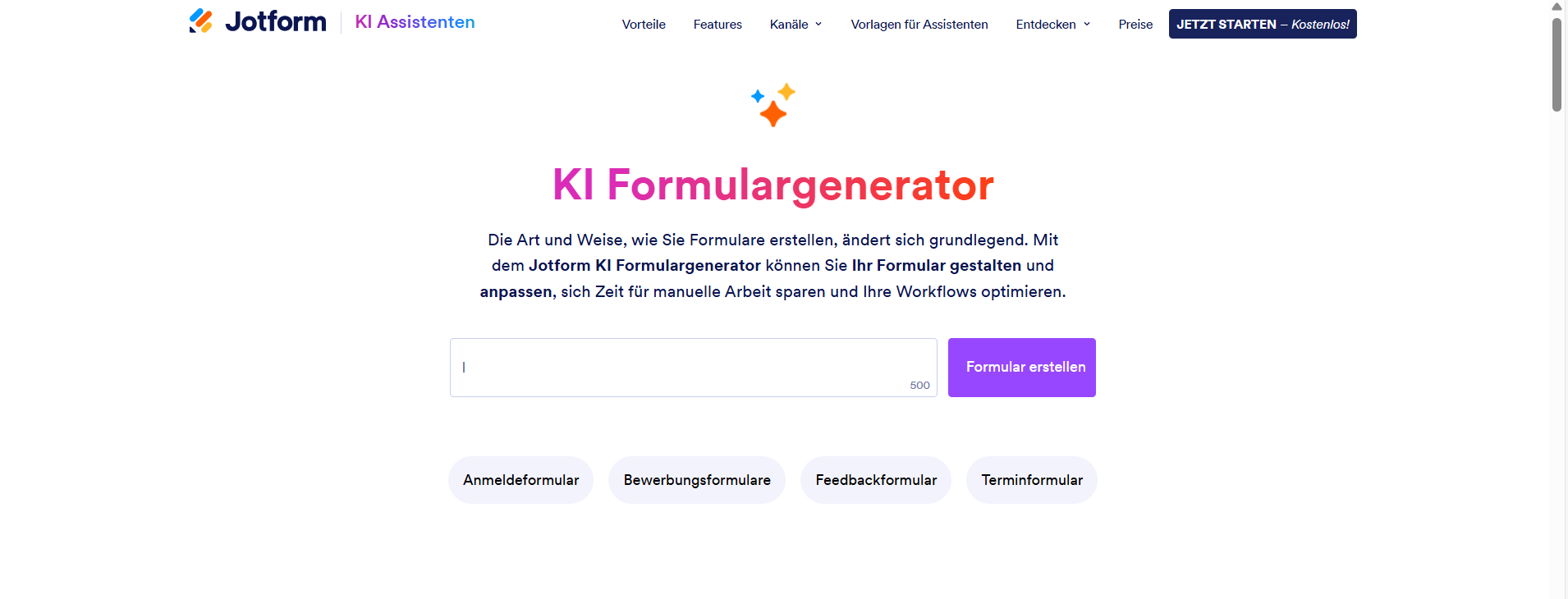 Screenshot des Jotform KI Formulargenerator