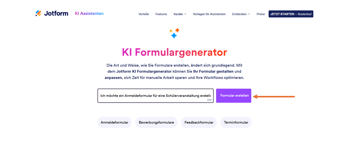 Screenshot des Jotform KI Formulargenerator, mit Pfeil, der auf den Button Formular erstellen zeigt