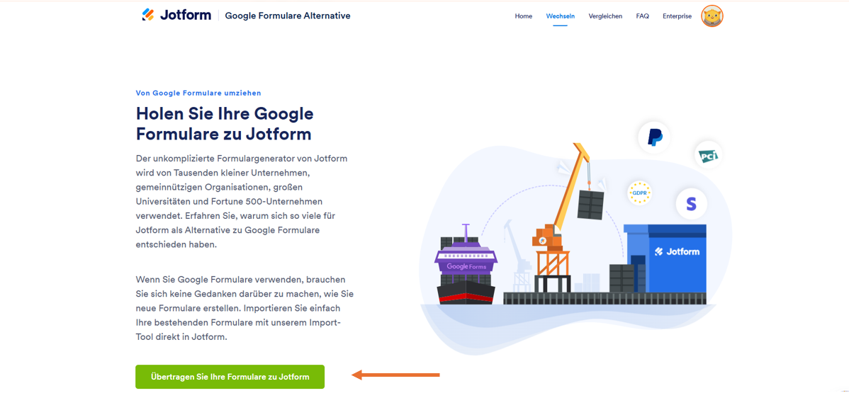 Screenshot des Jotform Google Formulare Import-Tools mit einem Pfeil, der auf den Button "Übertragen Sie Ihre Formulare zu Jotform" zeigt