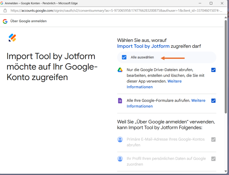 Screenshot des Google-Berechtigungsbildschirms, mit einem Pfeil, der auf den Button "Alles auswählen" zeigt