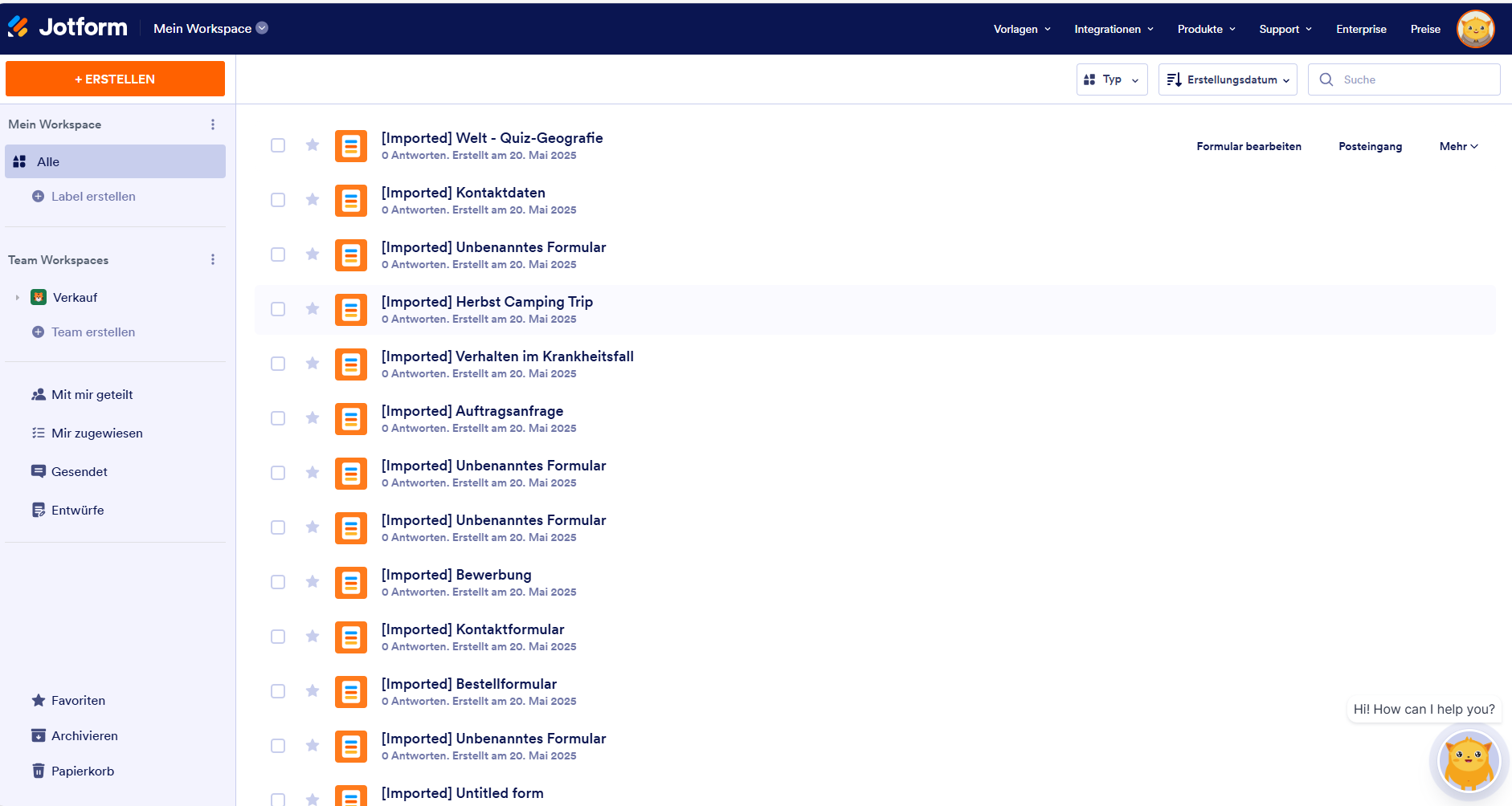 Screenshot der Meine Formulare Seite von Jotform