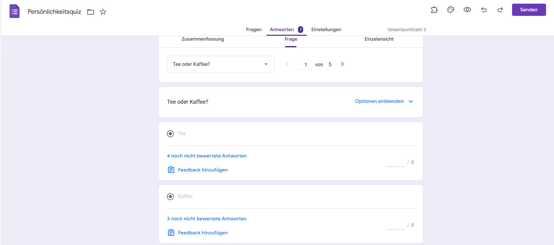 Anzeigen von Google-Formular-Analysen im Datenbereich „Frage“