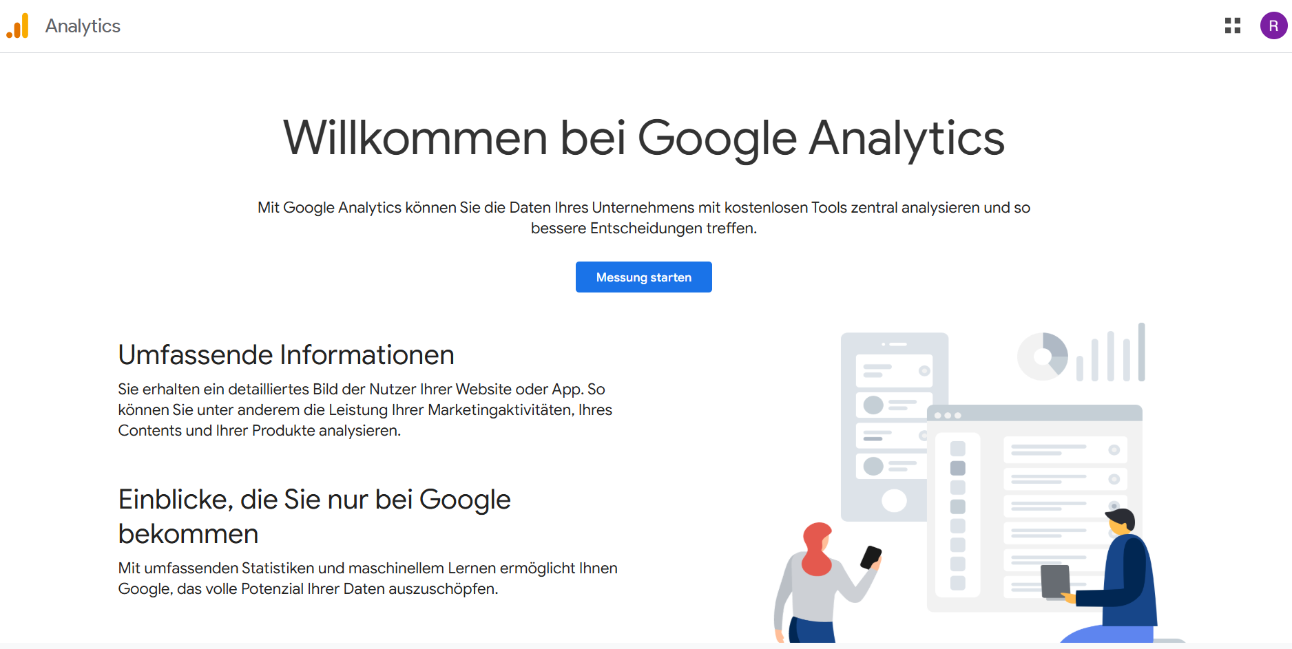 Ein Screenshot der Google Analytics Landing Page