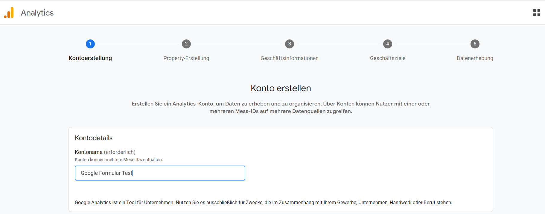 Ein Screenshot der Google Analytics-Einrichtungsseite