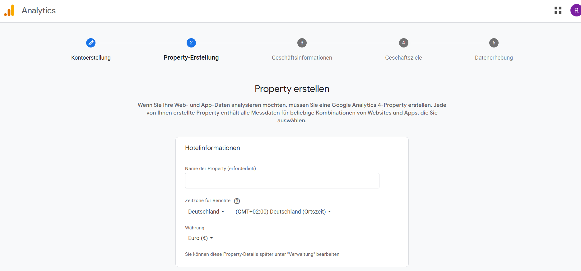 Ein Screenshot des Menüs zur Erstellung von Eigenschaften auf der Google Analytics-Einrichtungsseite