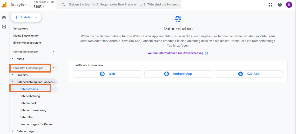 Wählen Sie die Option Datenerfassung und -änderung unter dem Dropdown-Menü Eigenschaftseinstellungen und klicken Sie dann auf Datenstreams