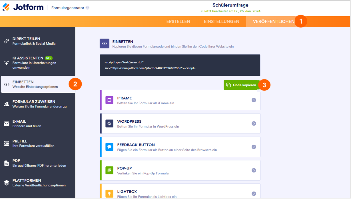 Klicken Sie auf den Button Code kopieren auf der Registerkarte Veröffentlichen des Jotform Formulargenerators