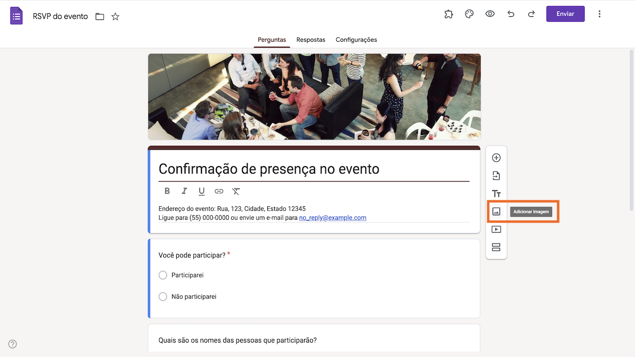 Formulário RSVP do evento no Formulários Google clicando no ícone Adicionar imagem