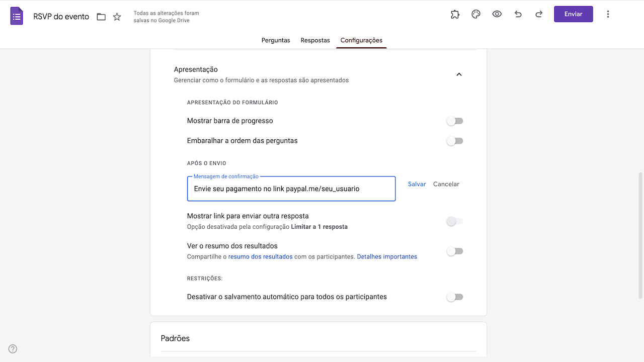 Aba de Configurações no Formulários Google Inserindo Mensagem de Confirmação