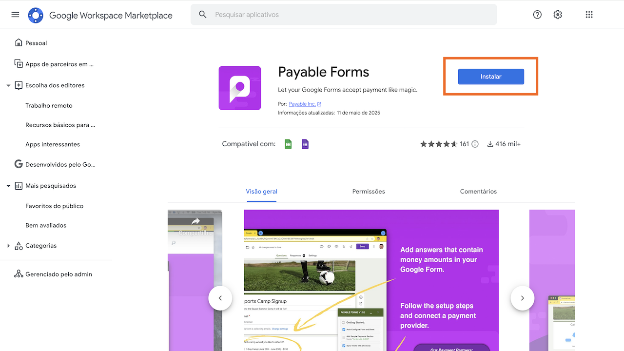 Página do Payable Forms no Google Marketplace clicando em Instalar