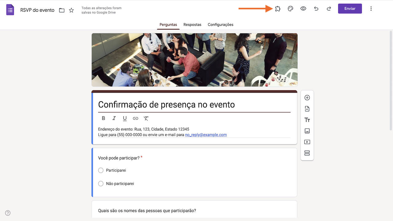 Formulário RSVP de Evento no Formulários Google clicando no ícone de peça de quebra-cabeça