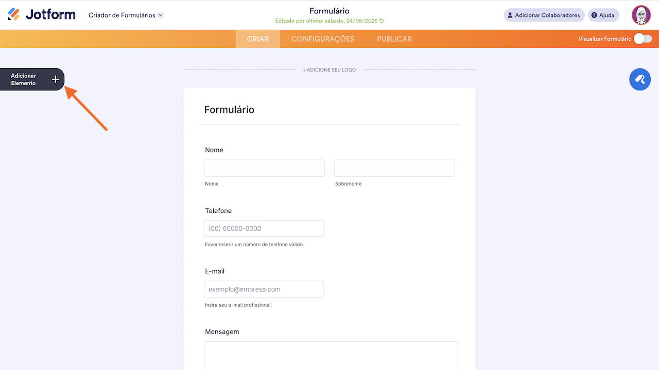 Criador de Formulários Jotform clicando no botão Adicionar Elemento
