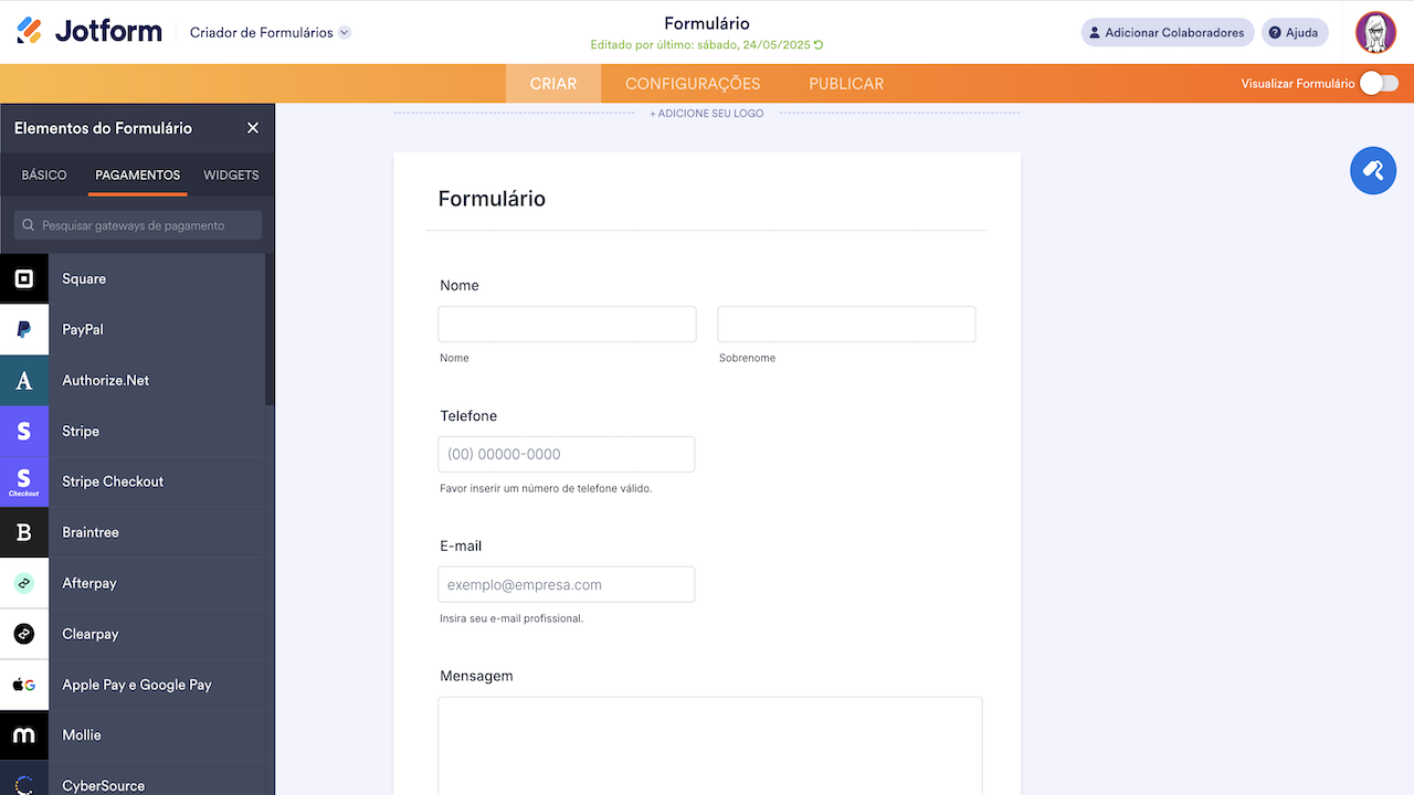 Criador de Formulários Jotform clicando na aba de Pagamentos