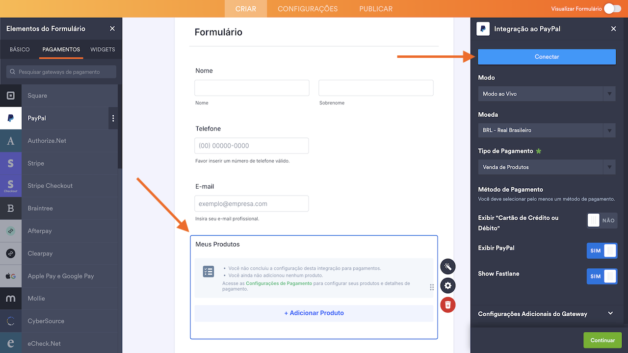 Criador de Formulários Jotform clicando no botão Conectar na janela da integração ao PayPal