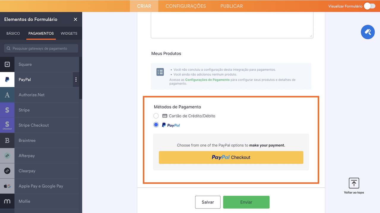 Campo de Métodos de Pagamento no Criador de Formulários Jotform