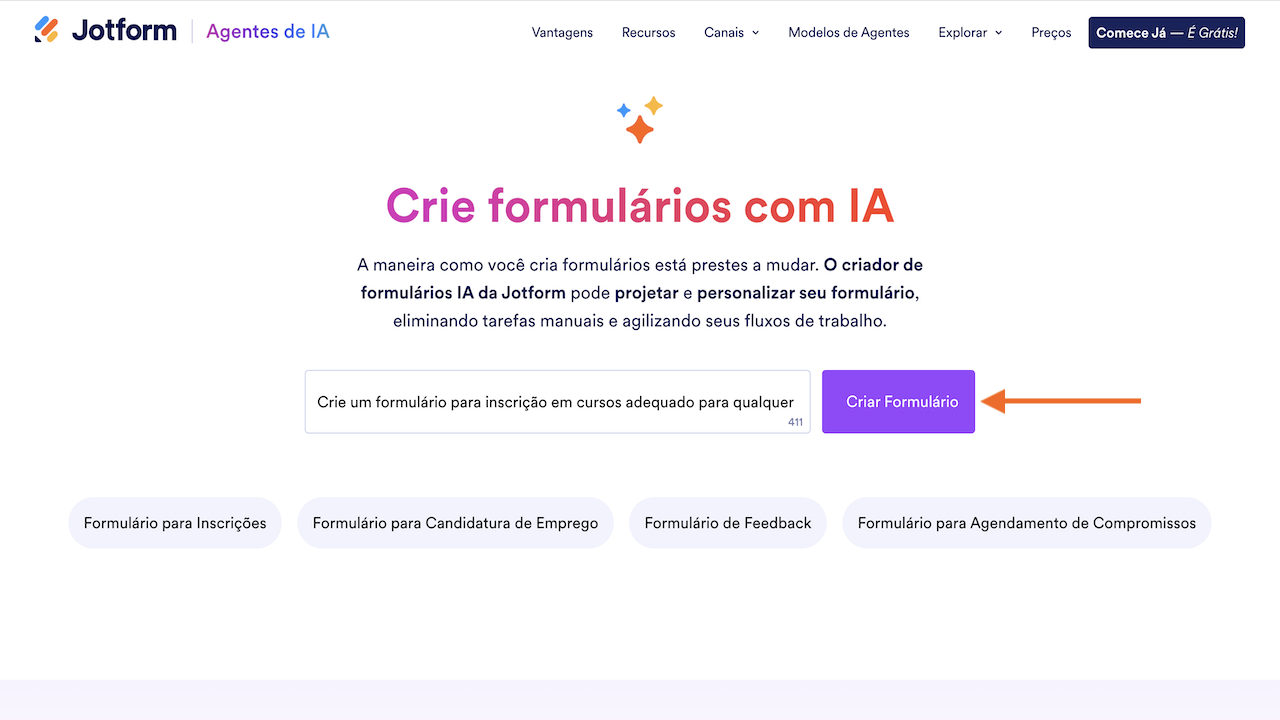 Captura de tela do Criador de Formulários com IA da Jotform clicando em Criar Formulário