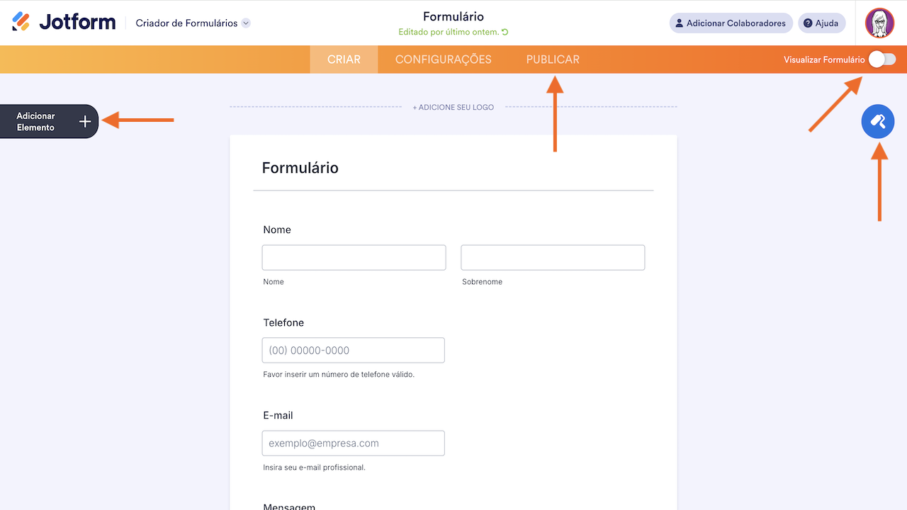 Captura de tela do Criador de Formulários Jotform com setas apontando para Adicionar Elemento, o ícone do Designer de Formulários, o botão Visualizar Formulário e a aba Publicar