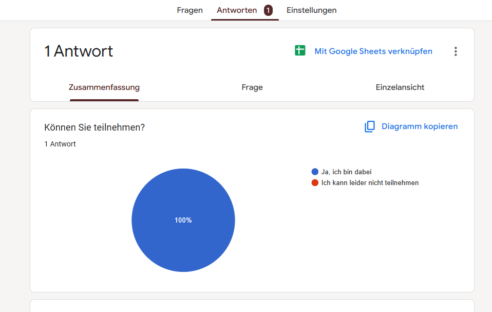 Screenshot der Registerkarte Antworten in Google Formulare 