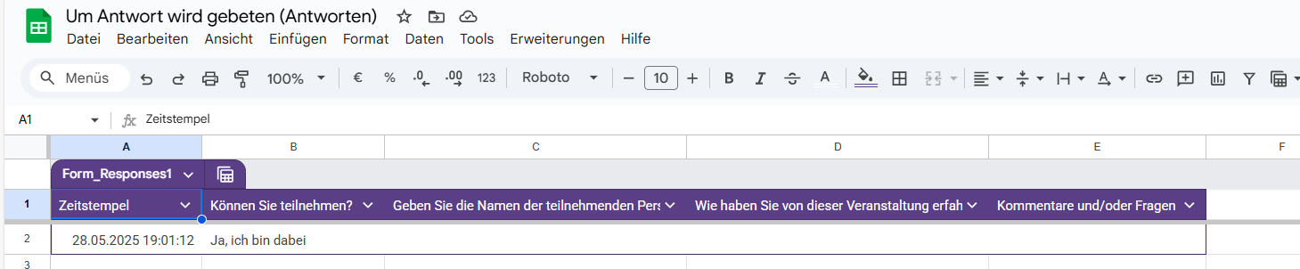Screenshot von Google Sheets mit aus Google Formulare importierten Daten