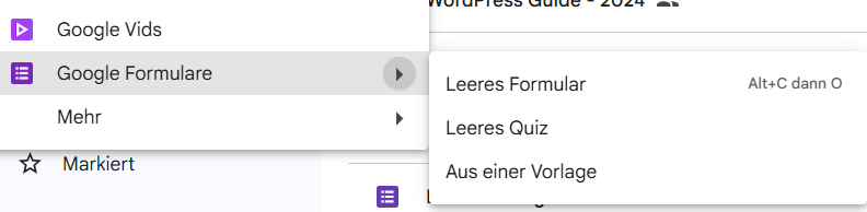 Ein Menü für Google Formulare mit Optionen zum Erstellen eines leeren Formulars, eines leeren Quiz oder zur Auswahl aus einer Vorlage