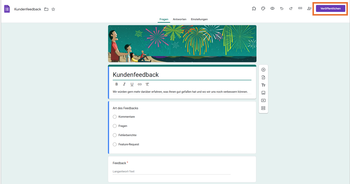 Auf den Button Veröffentlichen im Formular Kundenfeedback in Google Formulare klicken