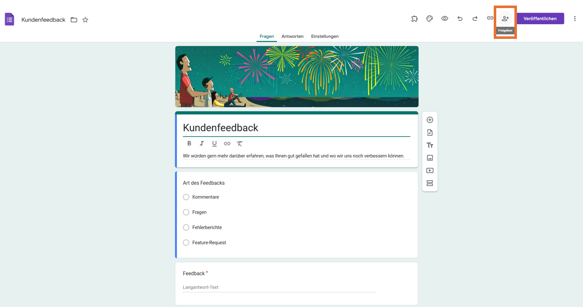 Auf den Button Freigeben in Google Formulare klicken