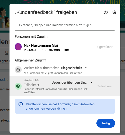 Ein Freigabefenster in einem Google Formular anzeigen