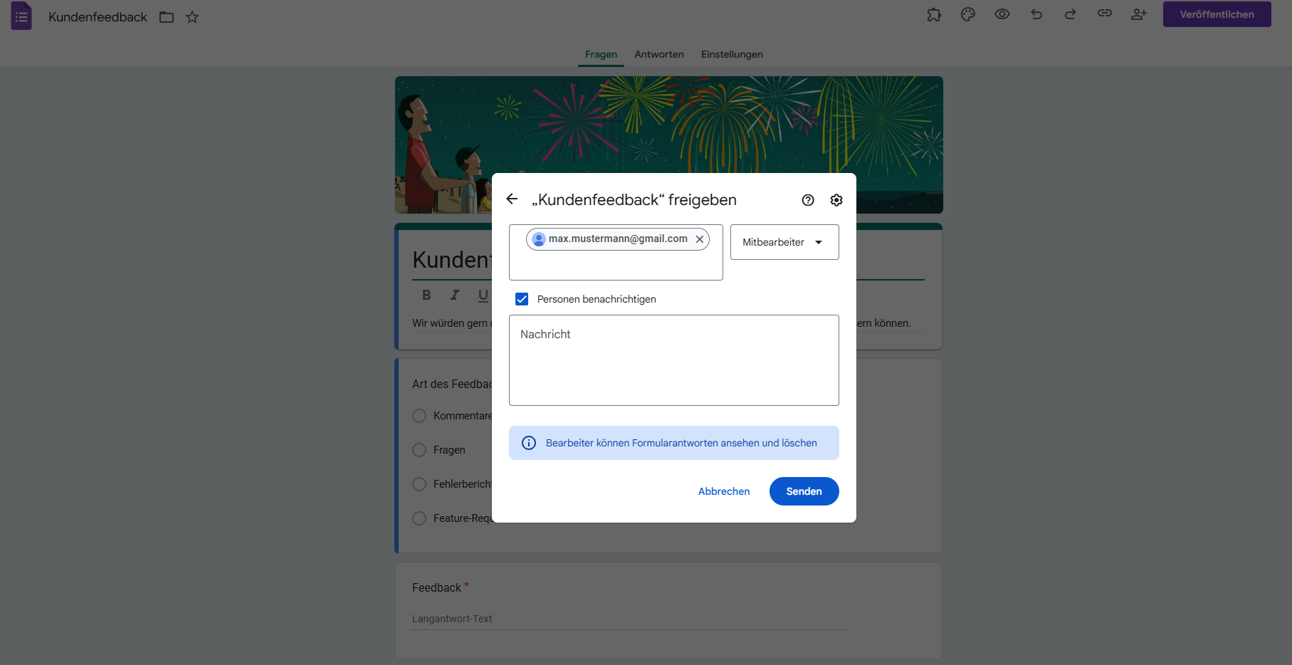 Hinzufügen einer E-Mail-Adresse und Aktivieren des Feldes Personen benachrichtigen im Fenster Teilen