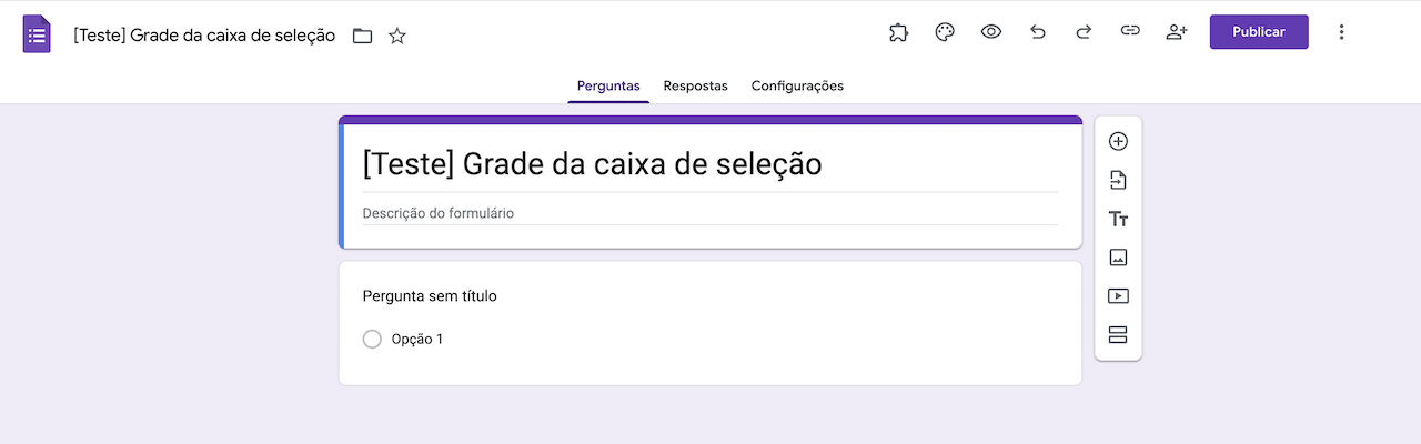 Captura de tela de um formulário do Google recém-criado, pronto para edição e personalização