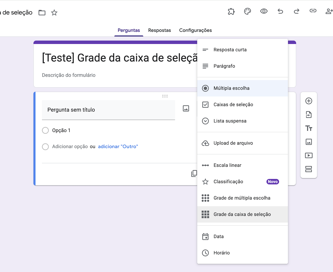 Captura de tela do menu de propriedades do formulário, onde os usuários podem selecionar para incorporar uma grade da caixa de seleção no Formulários Google