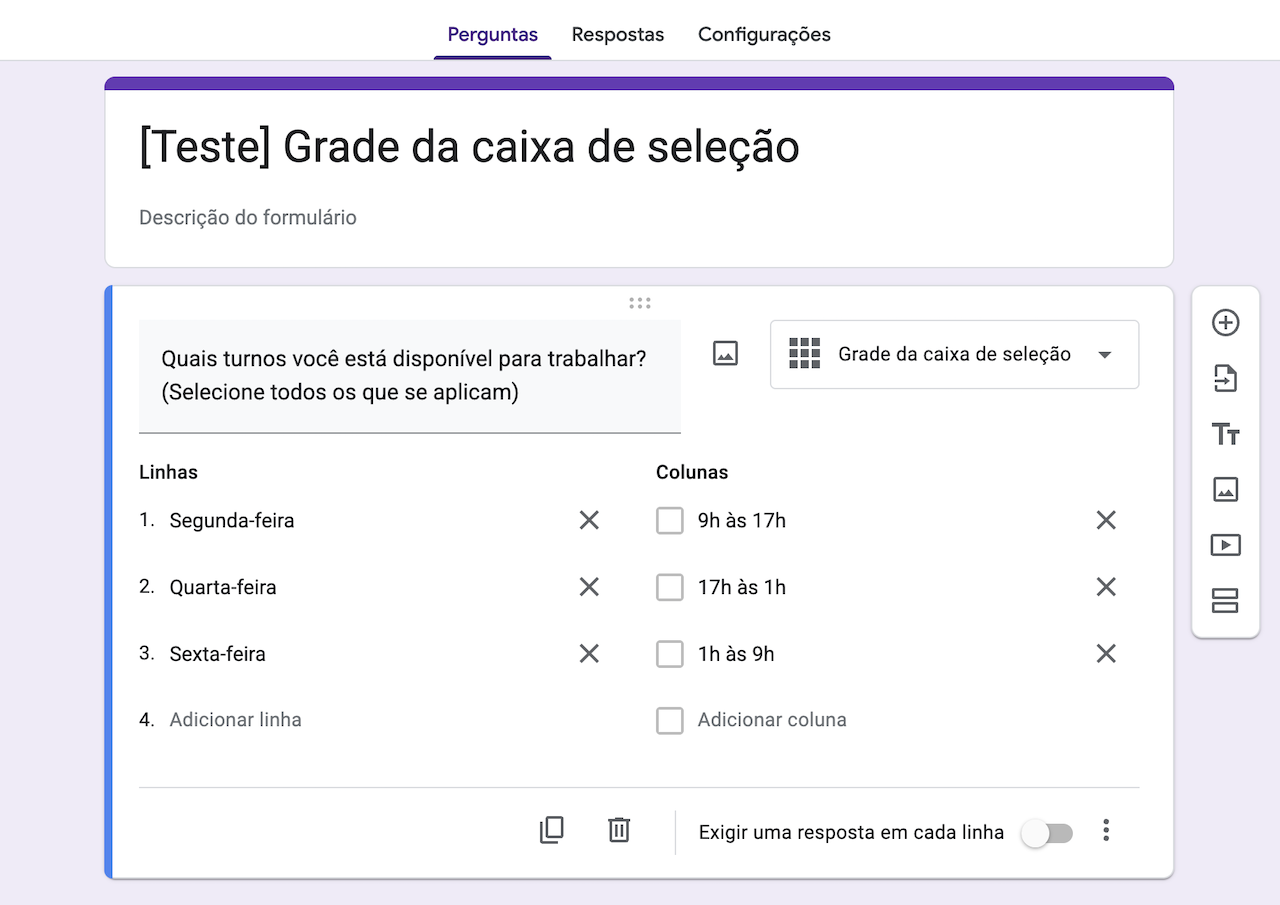 Captura de tela de uma janela de edição de formulário, onde os usuários podem personalizar sua grade de caixas de seleção no Formulários Google