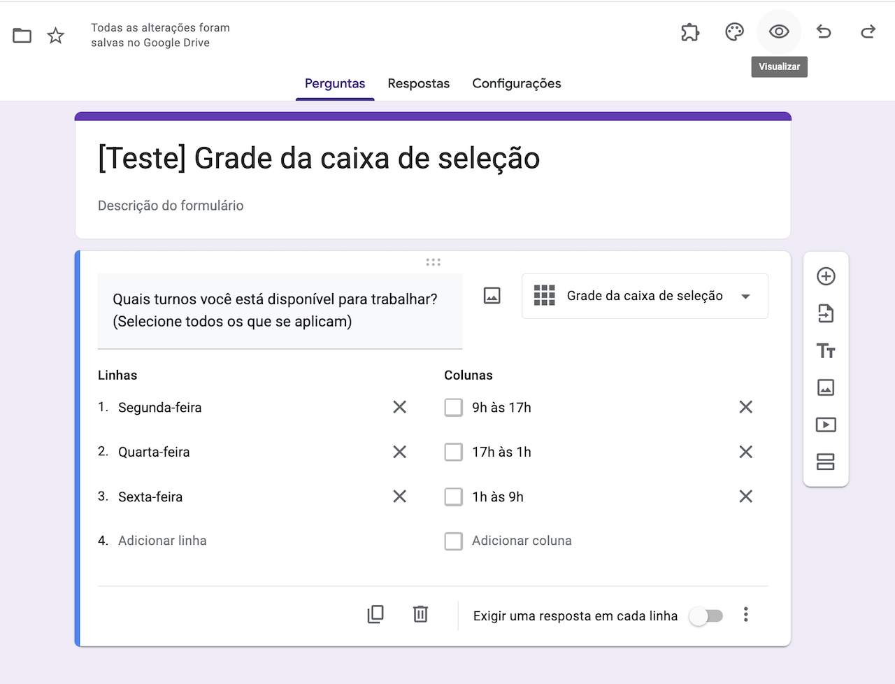 Captura de tela de uma pergunta totalmente editada, pronta para os usuários visualizarem sua grade da caixa de seleção no Formulários Google