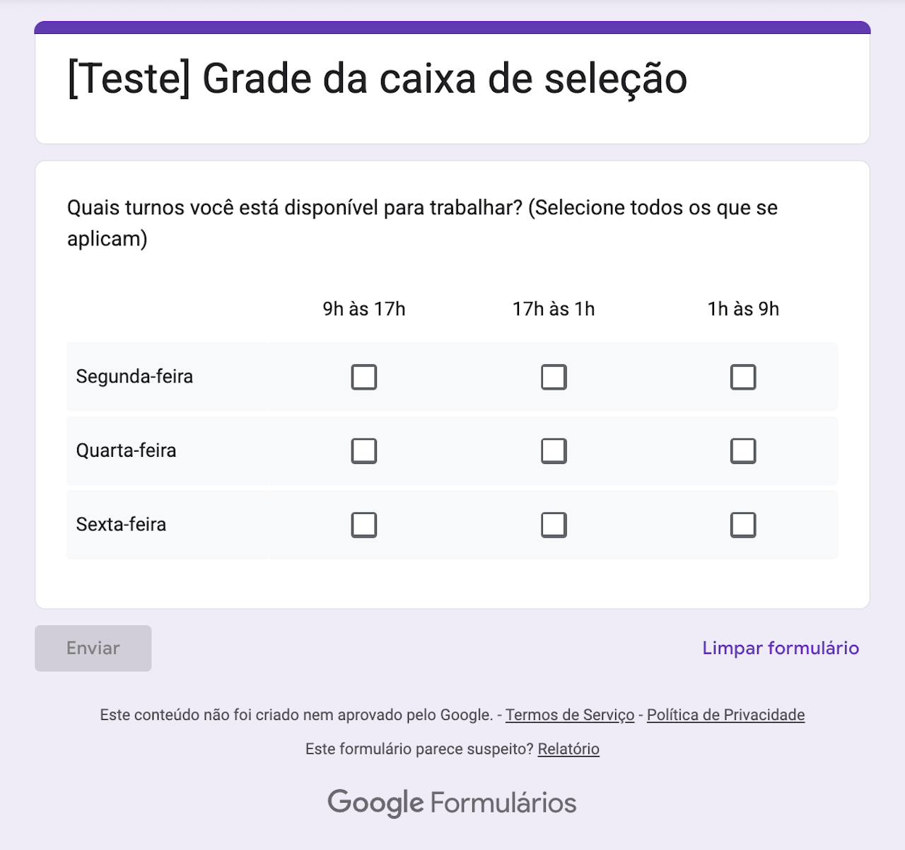 Captura de tela de uma grade da caixa de seleção concluída no Formulários Google, como os destinatários a verão