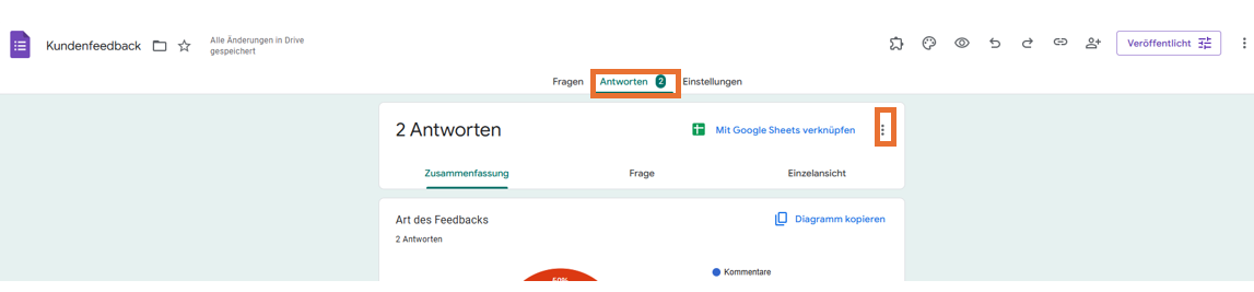 Eine Registerkarte für Formularantworten, die anzeigt, dass es zwei Antworten gibt, mit Optionen zum Anzeigen einer Zusammenfassung, zum Verknüpfen der Daten mit Sheets und zum Umschalten auf die Annahme neuer Antworten