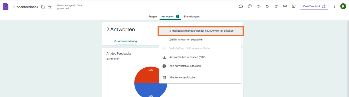 Eine Benutzeroberfläche, die die Antwortoptionen für ein Formular anzeigt, einschließlich einer hervorgehobenen Option, E-Mail-Benachrichtigungen für neue Antworten zu erhalten