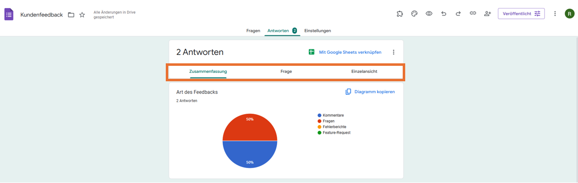 Die Abbildung zeigt die Antwortseite eines Kundenfeedback-Formulars mit einer Kuchendiagramm-Analyse von zwei Antworten