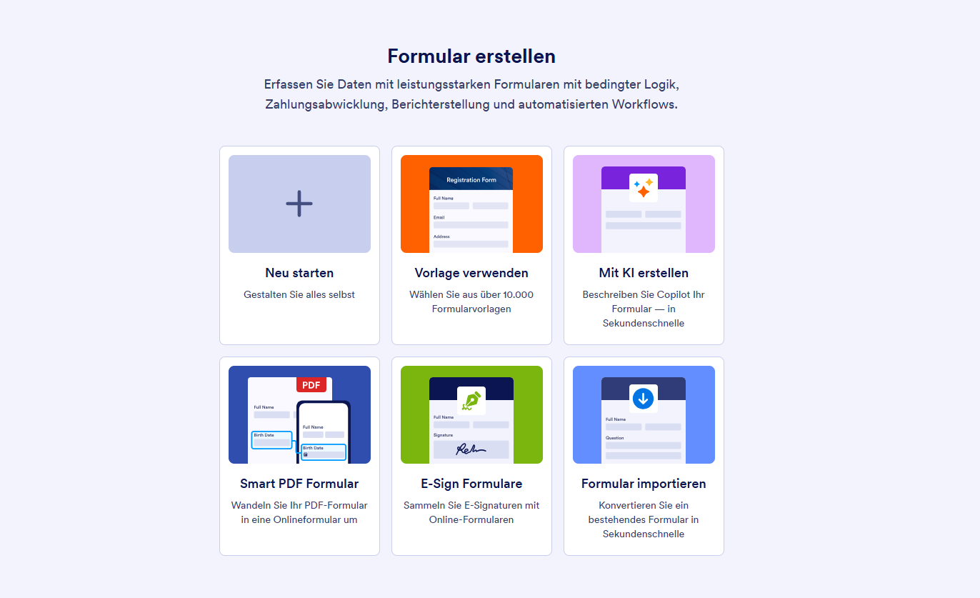 Das Bild zeigt die Optionen zum Erstellen eines Formulars auf Jotform: Neu starten, Vorlage verwenden, Formular importieren und Signierbares Dokument erstellen