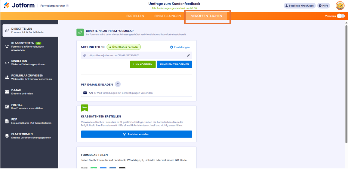 Das Bild zeigt den Veröffentlichungsbereich des Formulargenerators von Jotform, in dem der Nutzer seine Umfrage zum Kundenfeedback veröffentlichen kann