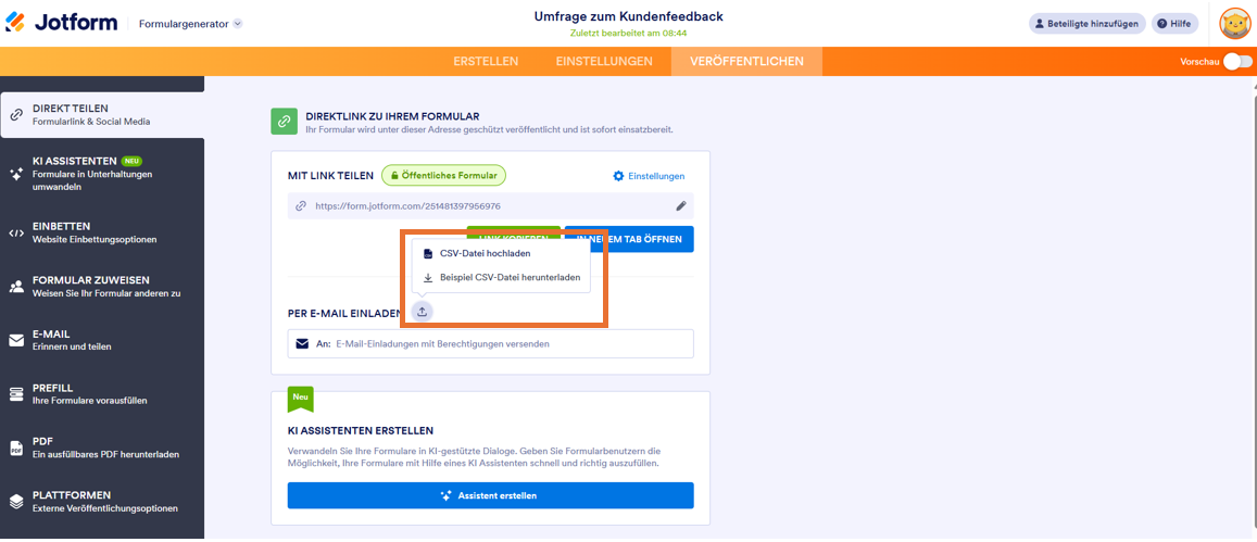 Das Bild zeigt die einladenden Optionen im Formulargenerator von Jotform, mit Funktionen zum Herunterladen eines Formulars