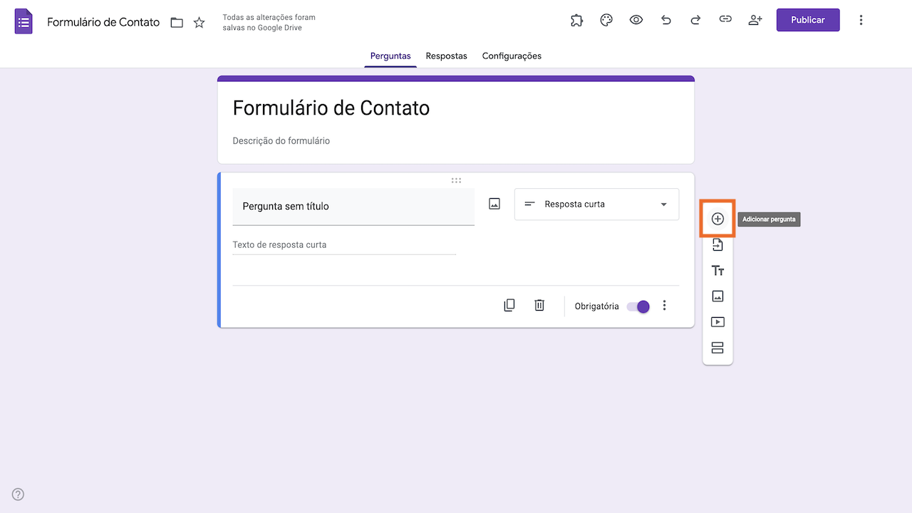 Captura de tela de uma pergunta do formulário do Google com a opção "adicionar pergunta" destacada no menu vertical à direita da pergunta